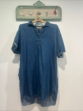 GAP Blue Denim Mini Shirt Dress round hem high low short sleeve plus size 2XL
